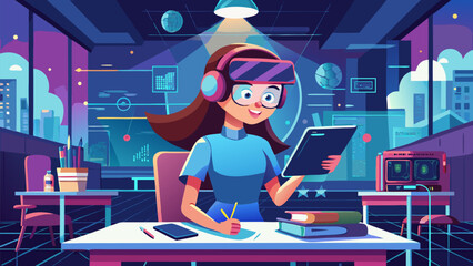 Girl wearing virtual reality headset studying with tablet in futuristic classroom filled with digital screens, data, and books