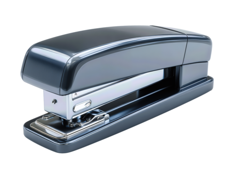 A half-strip office stapler with flat base and flush anvil, clean diagonal layout, isolated on transparent background.
