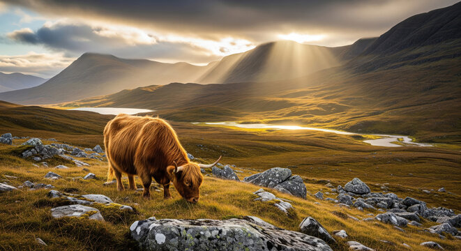 Highland Cow Grazing in Mountainous Landscape with Sunlight