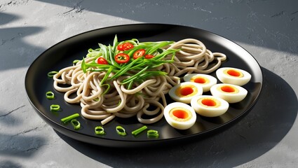 Plate of noodles with chopped green chili, red chili slices, and halved boiled eggs on a black dish.