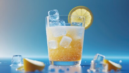 A refreshing lemon drink with ice cubes and lemon slices on a blue background.