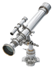 Compact refractor telescope on a low collapsed tripod, satin metal finish, isolated on transparent background.
