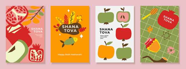 Rosh Hashanah greeting card and banner set. Jewish New Year vector design with hand drawn apples and pomegranates in modern trendy art style. Perfect for covers, web, and social media.