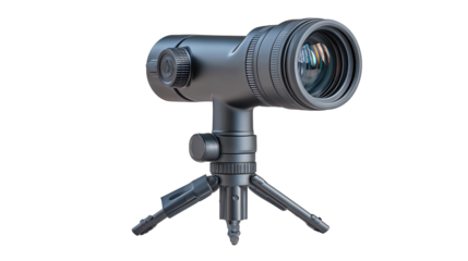 Compact field scope setup with angled eyepiece and sturdy tripod base, isolated on transparent background.
