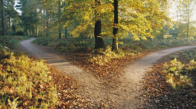 Forked Path in a Sunlit Autumn Forest
