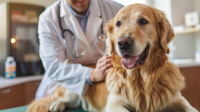 World Rabies Day. Professional veterinarian in white coat administering rabies vaccine to golden retriever dog in modern veterinary clinic