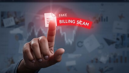Obraz premium Male hand pointing at a glowing 'Fake Billing Scam' label against a blurred financial background.