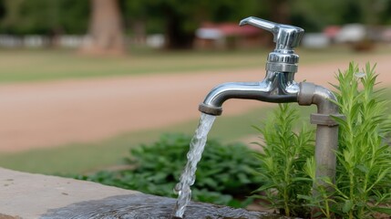 Water flowing from a shiny metal faucet surrounded by lush greenery and a dirt path on a sunny day in a park setting