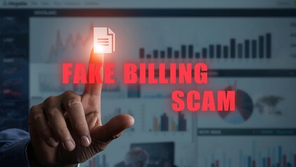 A close-up of a hand pressing a digital interface with 'Fake Billing Scam' text overlaid, highlighting cybersecurity concerns.