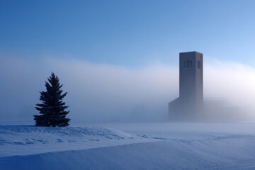 captivating winter morning scene featuring silhouette of bell tower shrouded in fog evoking sense of mystery and