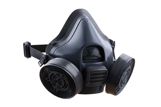 Durable half-face respirator mask designed for safety and filtration, isolated on transparent background.
