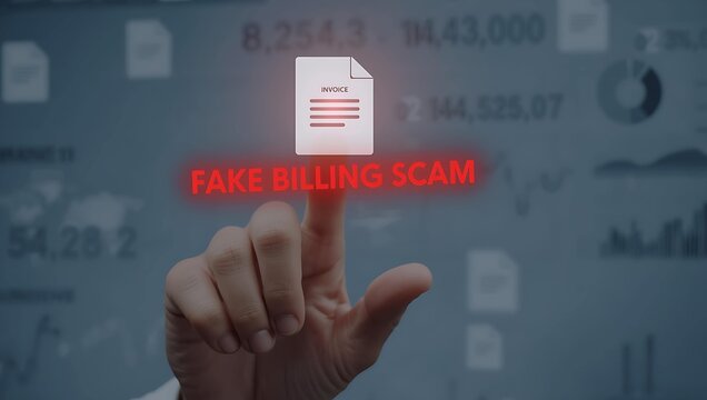 A close-up of a hand pointing at a glowing red notification about a fake billing scam with financial data in the background. - Powered by Adobe