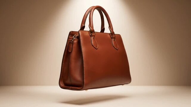 Elegant brown leather handbag suspended in soft studio light