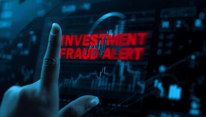Close-up of a hand interacting with a digital screen displaying a red investment fraud alert in a dark, high-tech environment.