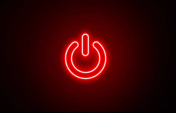 Neon glowing red color power button icon. Neon light power button turning on and off.  Power Switch symbol. Power switch and button icon on black background