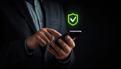 Businessperson interacts with smartphone, glowing green shield icon