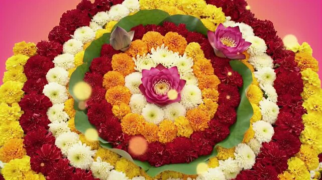 Bathukamma video banner, Colorful Bathukamma flower arrangement with concentric layers of marigold, chrysanthemum, lotus and jasmine