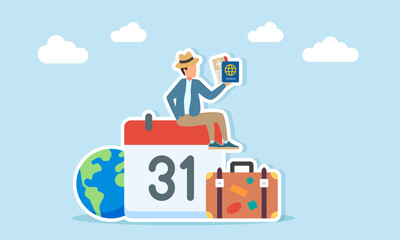 Young man wearing hat holding passport and flight ticket sitting on calendar near travel suitcase and globe illustration for World Tourism Day celebration