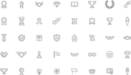 Achievement & Award Line Icon Set Design With Editable Stroke Vector Illustration - Trophy, Flame, Badge, Flag And Many More Icons.