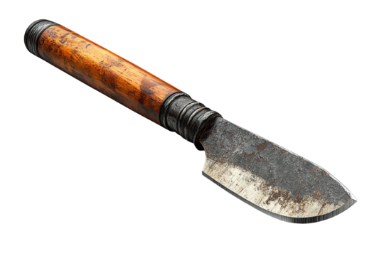 Close-up of a vintage gardening trowel with a wooden handle on a white isolated background.