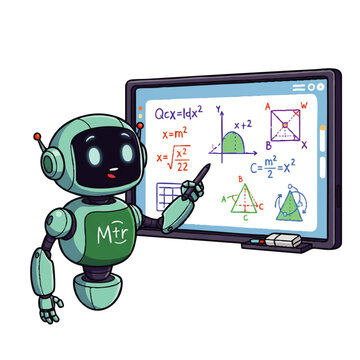 Charming robot tutor explaining math formulas on a digital whiteboard for engaging modern learning