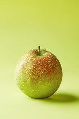 Juicy Green pear with Water Droplets on Light Green Background, pear with water droplets on a green background. Studio shot.