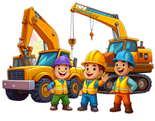 Cartoon Style Construction Site with Cranes and Bulldozers, Colorful Illustration PNG