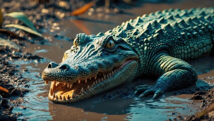 Obraz premium A crocodile resting in muddy water with scales and sharp teeth. Wildlife and nature, animal photography. Reptiles and aquatic habitats. The concept of river ecosystems and wildlife conservation.