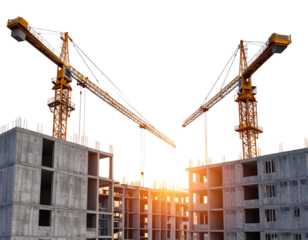 3D Rendered Construction Cranes Operating at Sunset, Industrial Scene PNG