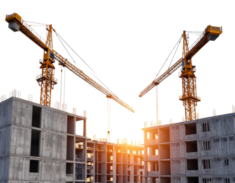 3D Rendered Construction Cranes Operating at Sunset, Industrial Scene PNG - Powered by Adobe