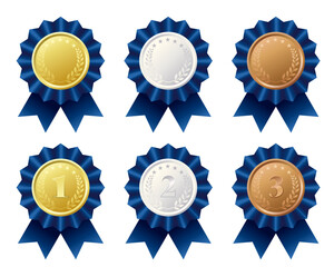 Gold, Silver, and Bronze Medal Illustration Set./ 青いリボンの装飾と金銀銅のメダルとのイラストセット