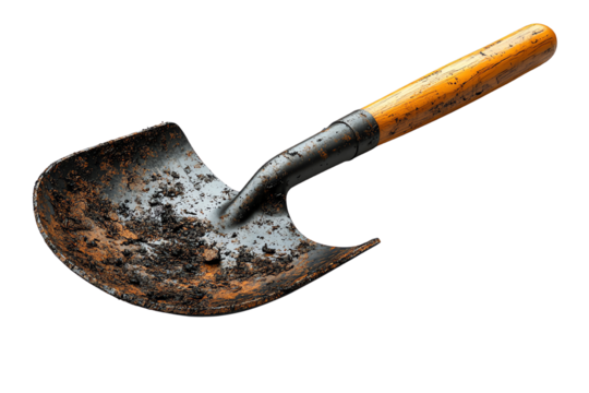 Close-up of a rusty garden trowel with dirt, perfect for gardening enthusiasts and outdoor projects.
