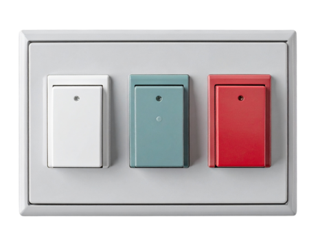 Top-Down Perspective of Three Light Switches with Colorful Surrounding Plate, isolated on Transparent Background