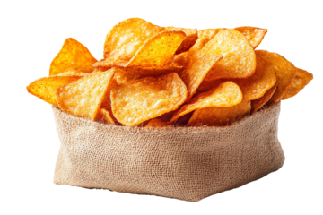 A rustic bag filled with crispy golden potato chips on a white isolated background.