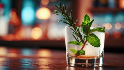 Fresh herbal cocktail with mint and rosemary in a glass, with a blurred bar background. Beverages and mixology, concept. Refreshing drinks and garnishes. The concept of crafted cocktails.