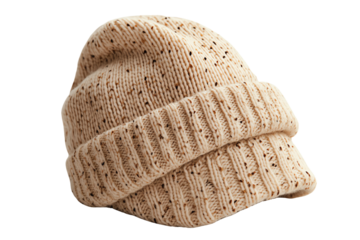 Cozy beige knitted beanie, perfect for winter fashion and casual wear, isolated on a white background.