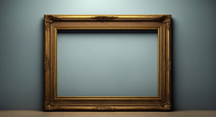 Vintage frame against khaki wall and wooden floor. Antique empty picture frame close up in minimalist space. Classic vintage frame leaning on wall with wooden floor.
