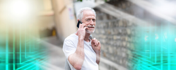 Mature man using his mobile phone; multiple exposure