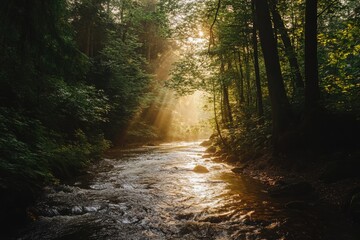 Obraz premium Forest river with sunlight reflection