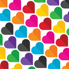 Cute seamless pattern of rainbow colored hearts on white background. Colorful and bright repeating pattern design. Vector flat illustration. Symbolizes diversity and lgbt.