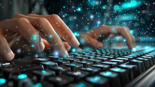 Hands typing on a futuristic keyboard interface.