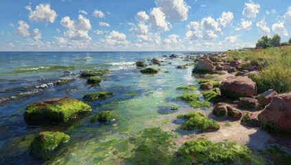 Sunny coastal scene, clear water, rocks covered in green algae