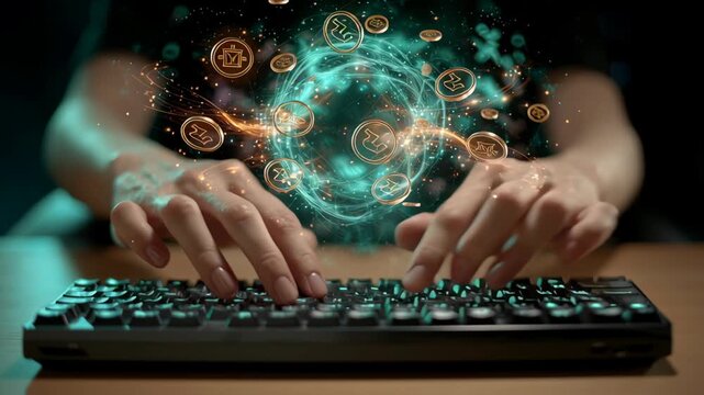 Hands typing on a keyboard with digital effects.