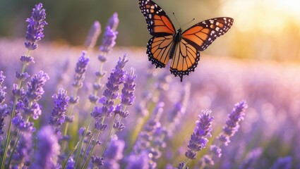A butterfly flying over purple lavender flowers in sunlight.