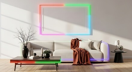 Contemporary living room with sofa and coffee table illuminated by neon lights interior