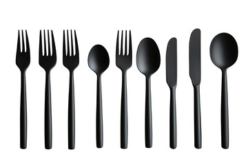 A variety of black cutlery including forks, spoons, and knives arranged on a white background.