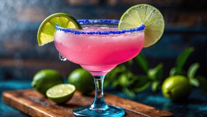 Colorful cocktail with lime wedges and salt rim, placed on a wooden surface with limes and greenery in the background.