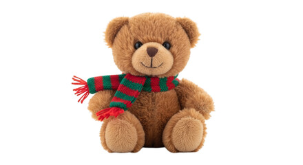 Obraz premium Cute teddy bear with colorful striped scarf on black background photo