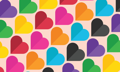 Cute seamless pattern of rainbow colored hearts on white background. Colorful and bright repeating pattern design. Vector flat illustration. Symbolizes diversity and lgbt.