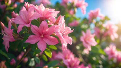 Obraz premium Pink azalea flowers in bloom under sunlight with green leaves and a blurred background.